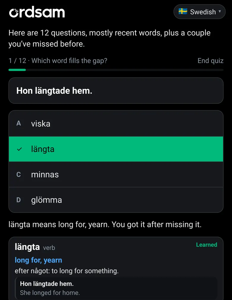 A quiz in Ordsam asking which word fills the gap in Hon längtade hem, with längta marked right.