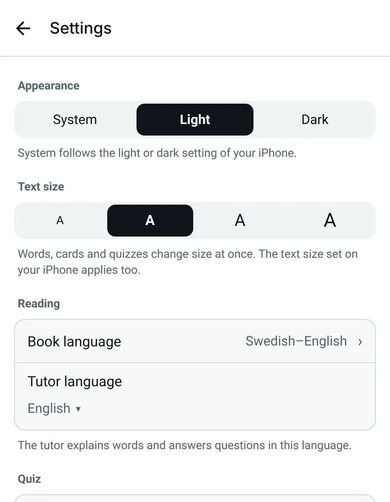 Ordsam's Settings in light mode, with Appearance, Text size and the book and tutor languages.